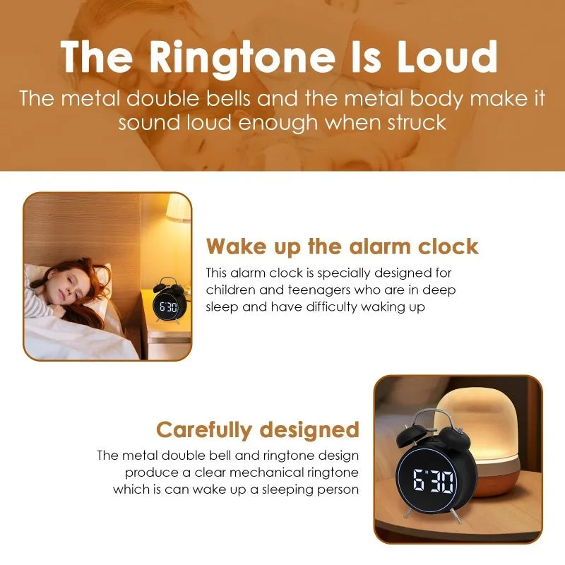 Double Bell Metal Digital Alarm Clock with LED Display – Black Digital Alarm Clock Axl