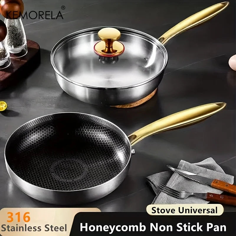 KEMORELA 316 Stainless Steel Honeycomb Non-Stick Wok Frying Pan Stainless Steel Frying Pan Axl