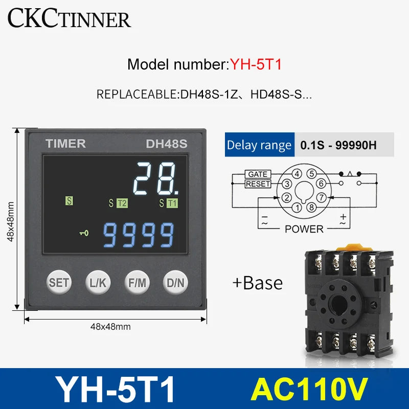DH48S Programmable Time Delay Relay 24V/220V + Socket Base Programmable Time Relay Axl YH-5T1 - 110VAC