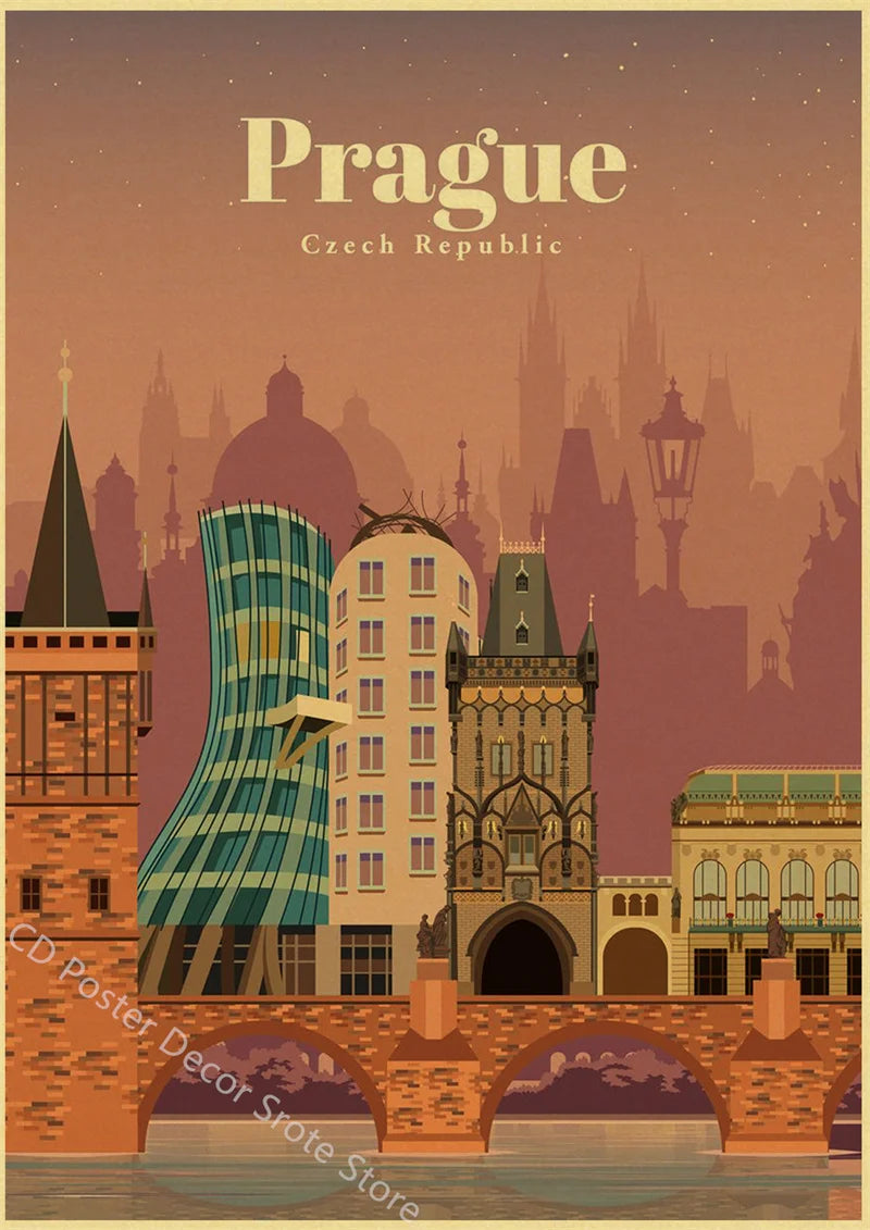 World Cities Retro Travel Poster – Rome Paris Sydney Dubai Art