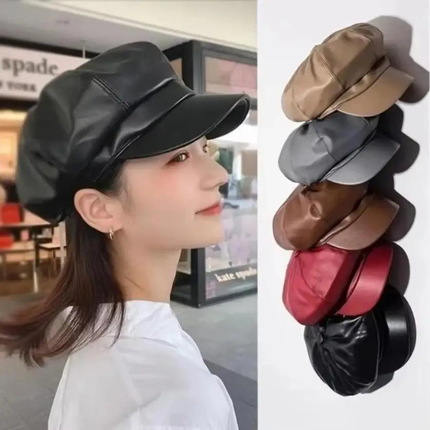 PU Leather Retro Beret – Octagonal Flat Cap for Women Women's Beret Hat Axl