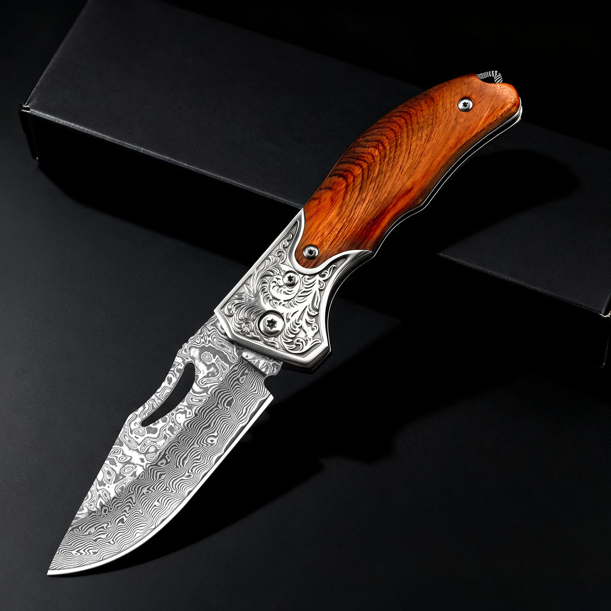 67-Layer Damascus Folding Pocket Knife – Wood Handle EDC Damascus Folding Knife Axl Chocolate