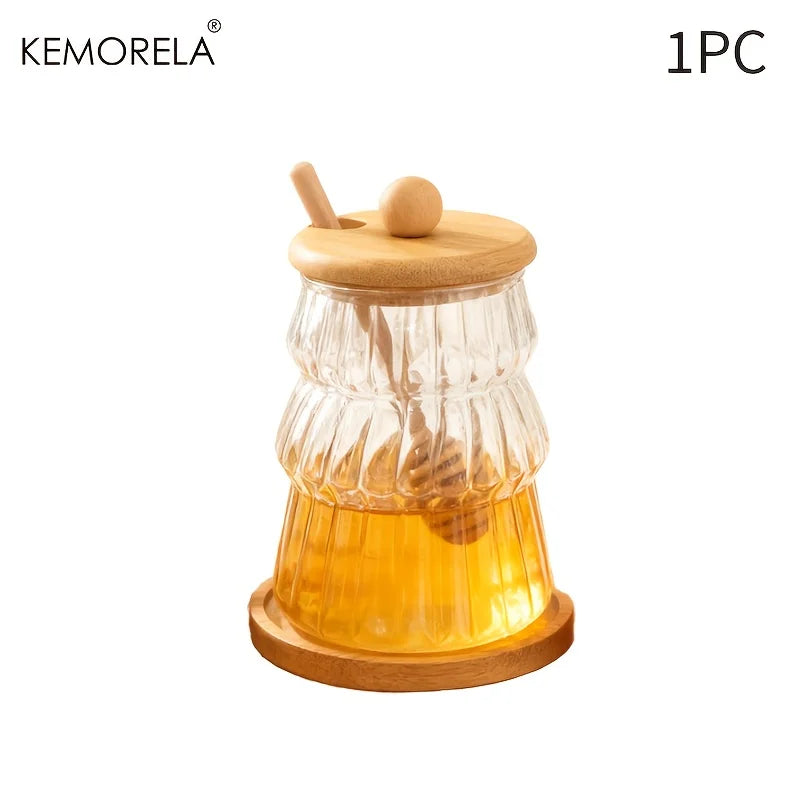 KEMORELA Glass Honey Jar Set with Wooden Stir Stick & Lid Glass Storage Jar Set Axl 1PCS