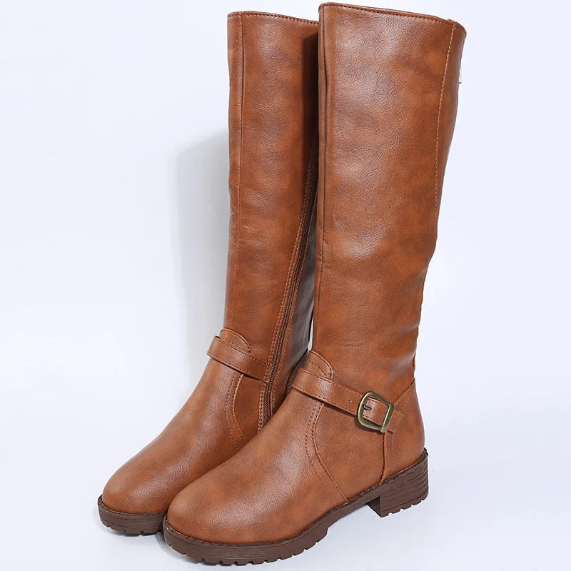 Women's Vintage Brown Knee-High Boots | PU Leather Zip Knee-High Boots Axl YELLOW 42