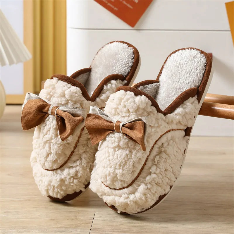 Women's Winter Plush Fur Slippers – Cute Bow Non-Slip Indoor Women's Indoor Slippers Axl Beige 36-37