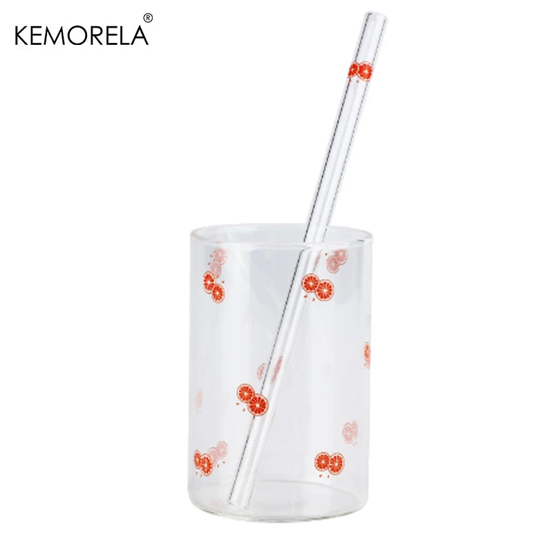 KEMORELA 300ml Cute Glass Cup – Strawberry Orange Design Glass Drinkware Cup Axl B 301-400ml