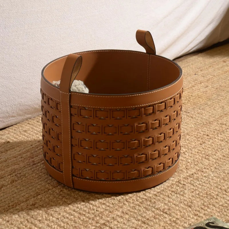 Luxury Leather Storage Basket with Handle | Modern Organizer Leather Storage Basket Axl