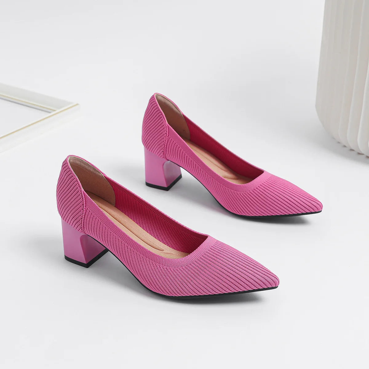 YBQJOO Women's Pointed Toe Block Heel Pumps – Knit Work Shoes High Heel Pumps Axl Rosy Red 41