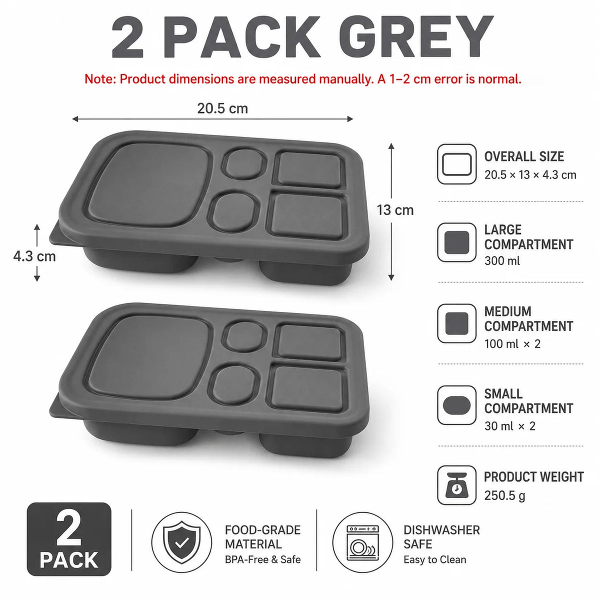 Silicone Bento Lunch Box – 5-Compartment Food Container Bento Lunch Box Axl 2 PACK Grey