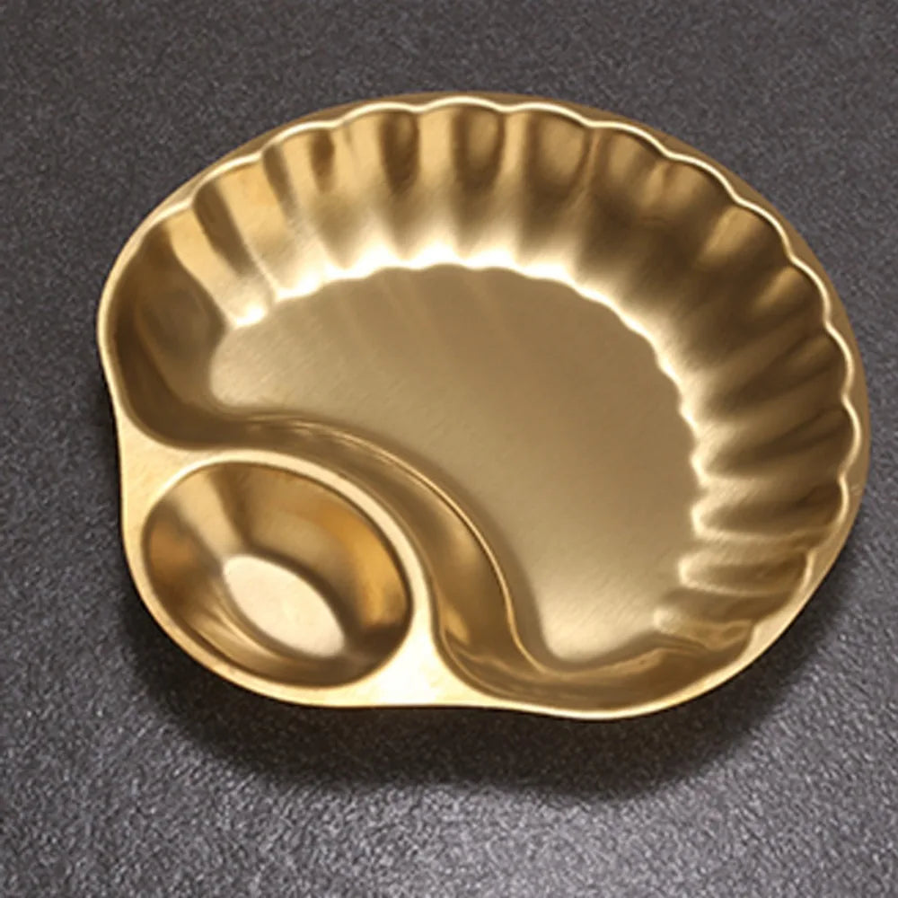 Stainless Steel Snack Plate with Sauce Cup – Gold & Silver Snack Serving Plate Axl shell-gold