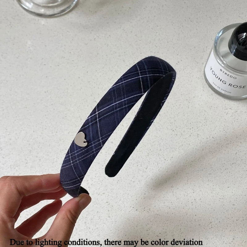 Navy Blue Plaid Hair Headband with Heart Decor for Women Hair Headband Axl Thin-1pcs