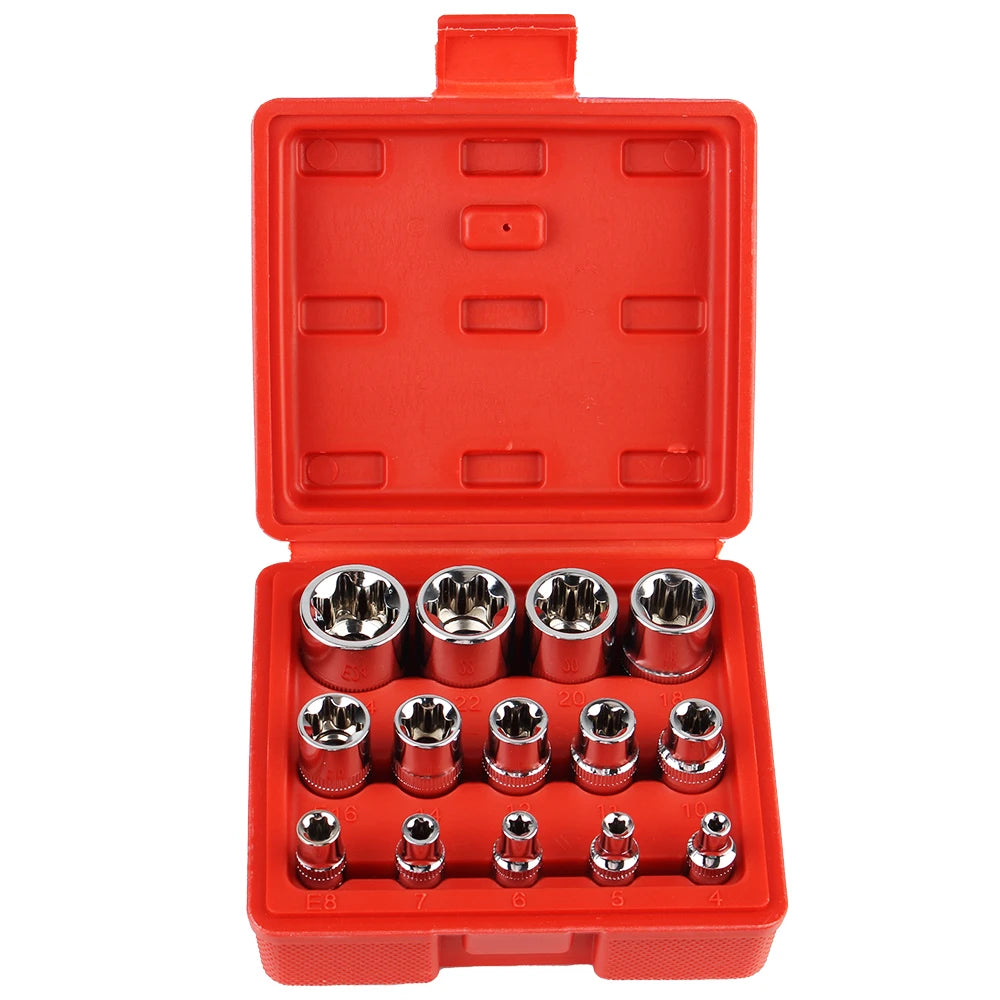 14-Pc E4–E24 Female Torx Star Socket Set with Case Torx Socket Set Axl RED