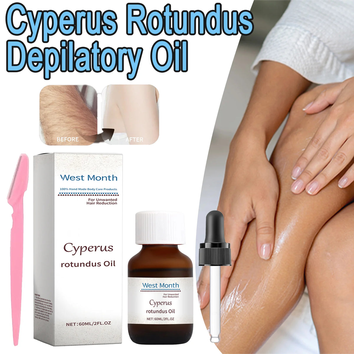 WEST MONTH Cyperus Rotundus Hair Inhibitor Oil 60ml + Razor Hair Inhibitor Oil Axl