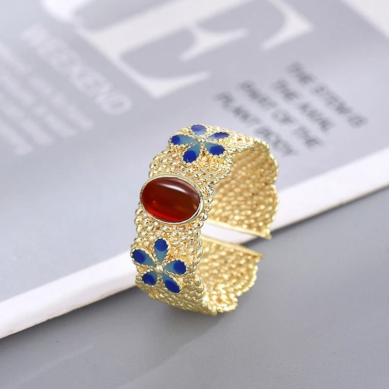 Huitan Gold Blue Flower Ring Red Stone – Women's Fashion Ring Fashion Ring Axl T0920 resizable