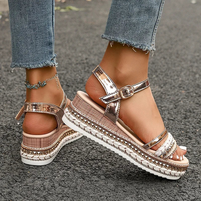 Women's Plus Size Rivet Wedge Sandals Gold Ankle Strap Platform Wedge Platform Sandals Axl