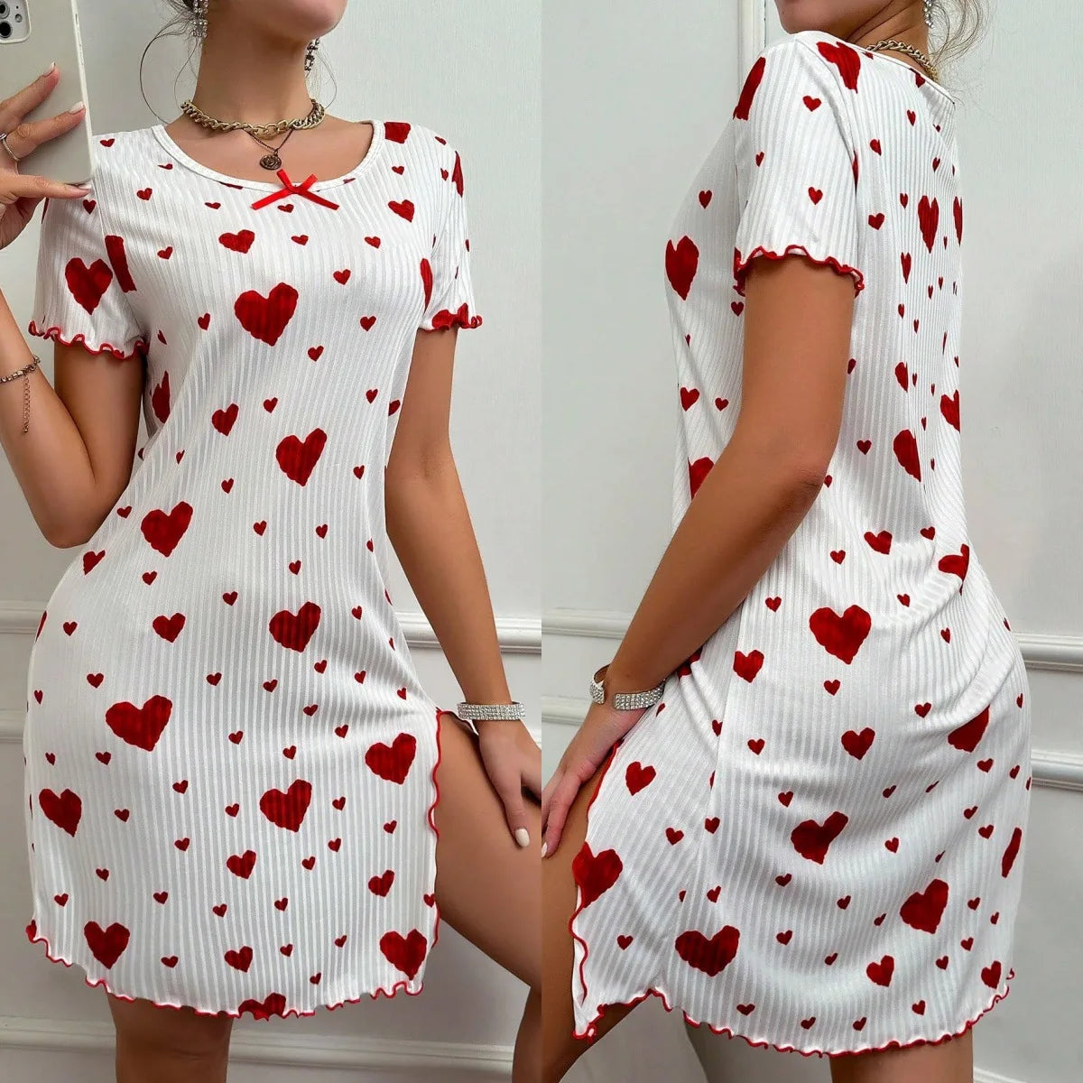Women's Printed Nightgown Dress – Soft Knit Summer Sleepwear Nightgown Dress Axl Red M