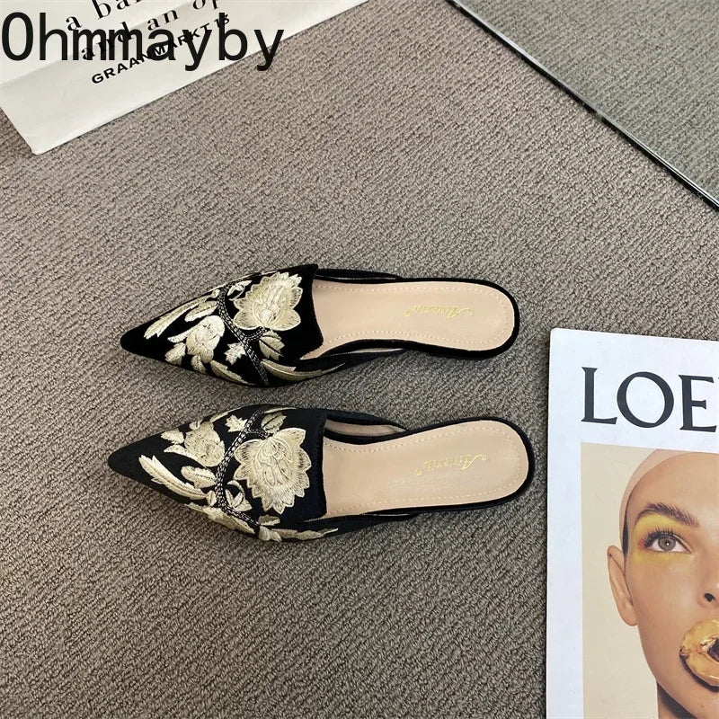 Women's Embroidery Pointed Toe Mule Slides – Elegant Flat Slippers Women's Mule Slides Axl