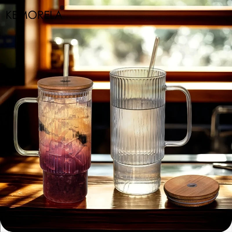 900ml Ribbed Glass Tumbler with Bamboo Lid & Straw | KEMORELA Glass Tumbler Axl