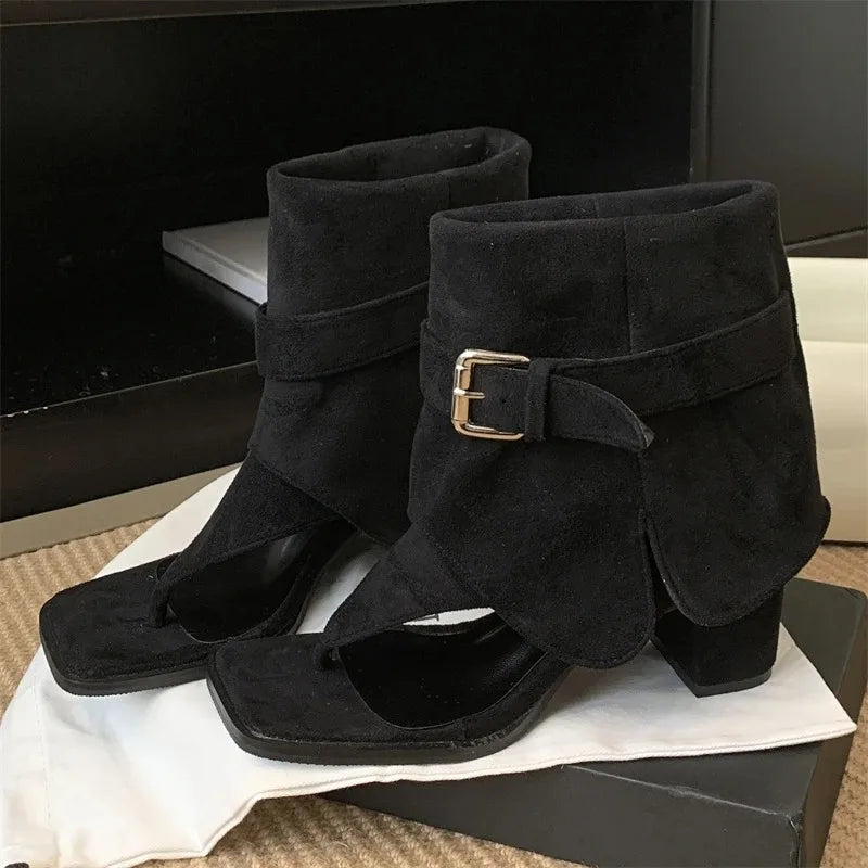Women's Clip Toe Ankle Boot Sandals | Square Heel Buckle Strap Ankle Boot Sandals Axl