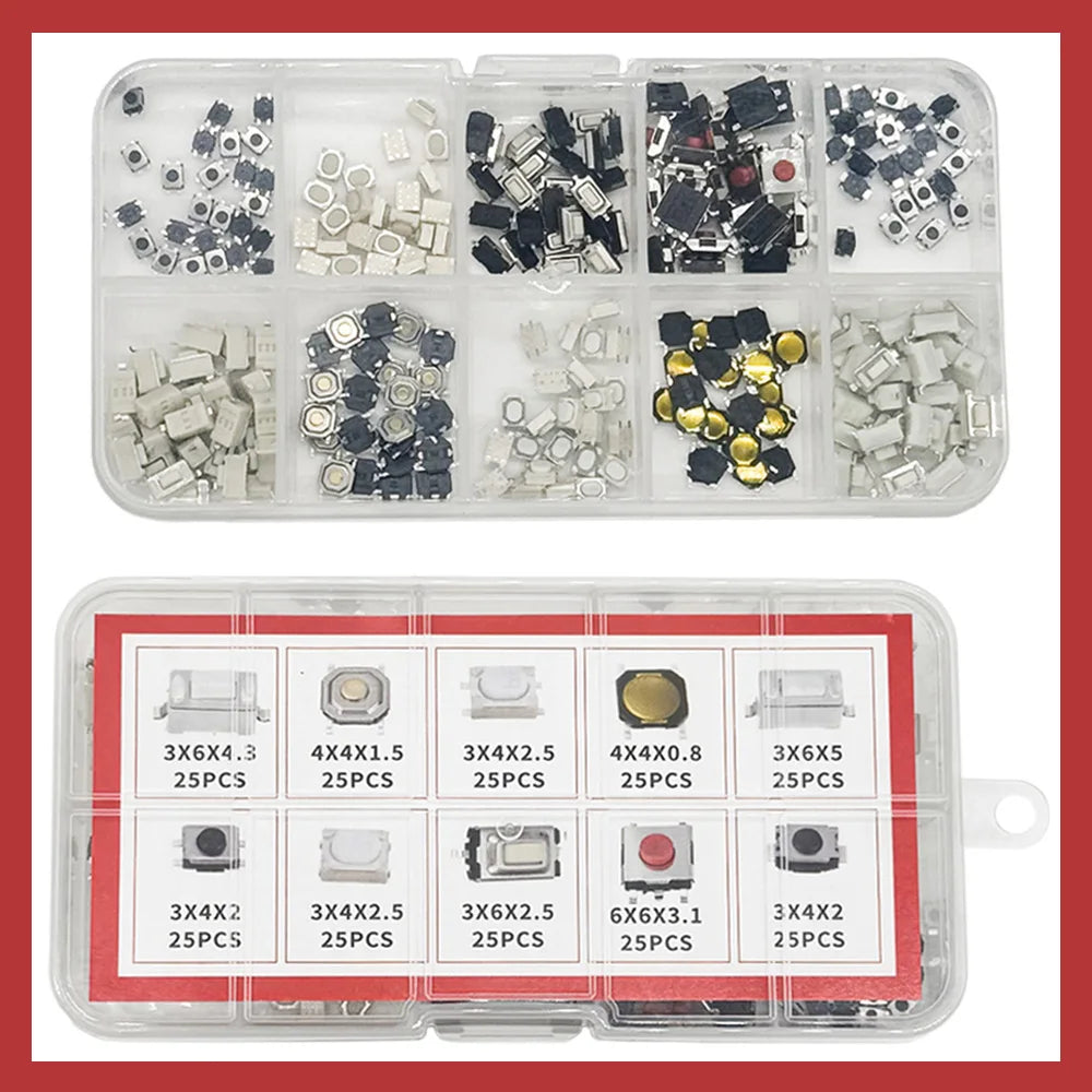 250PCS Tactile Push Button Switch Kit – 10 Types Microswitch Set Microswitch Assortment Kit Axl