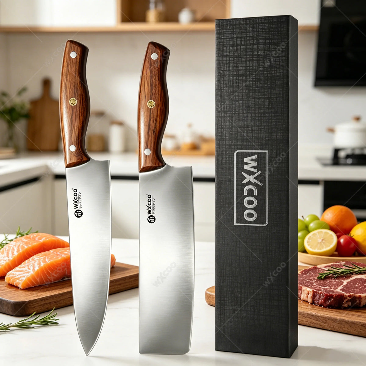WXCOO Japanese Chef Knife Set – Santoku, Cleaver & Sushi Kitchen Knife Set Axl 2PCS A