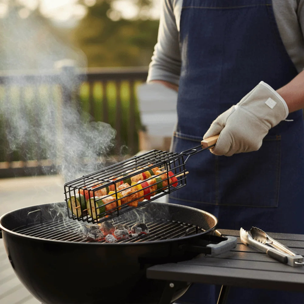 Wooden Handle BBQ Grill Basket – Nonstick Mesh Clip for Camping BBQ Grill Basket Axl