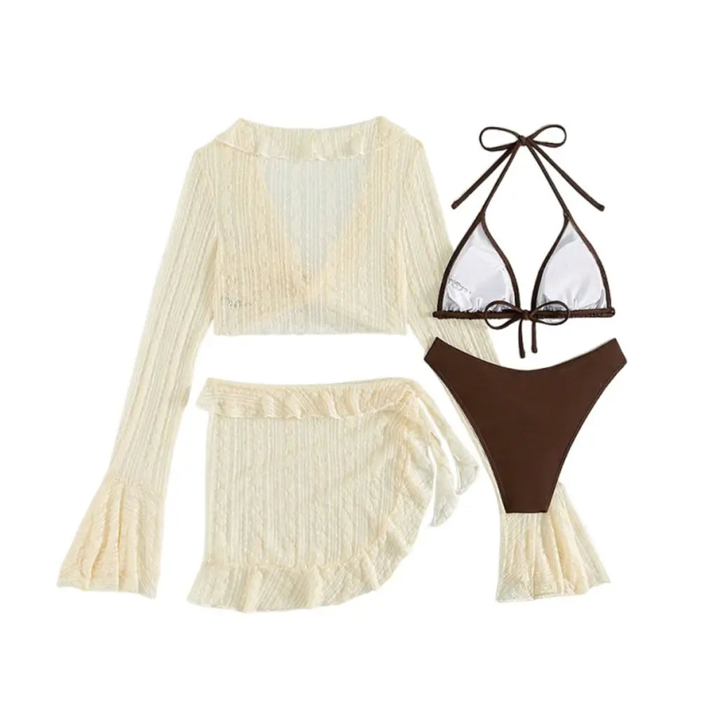 4-Piece Women's Brazilian Bikini Set with Long-Sleeve Cover-Up Women's Bikini Set Axl