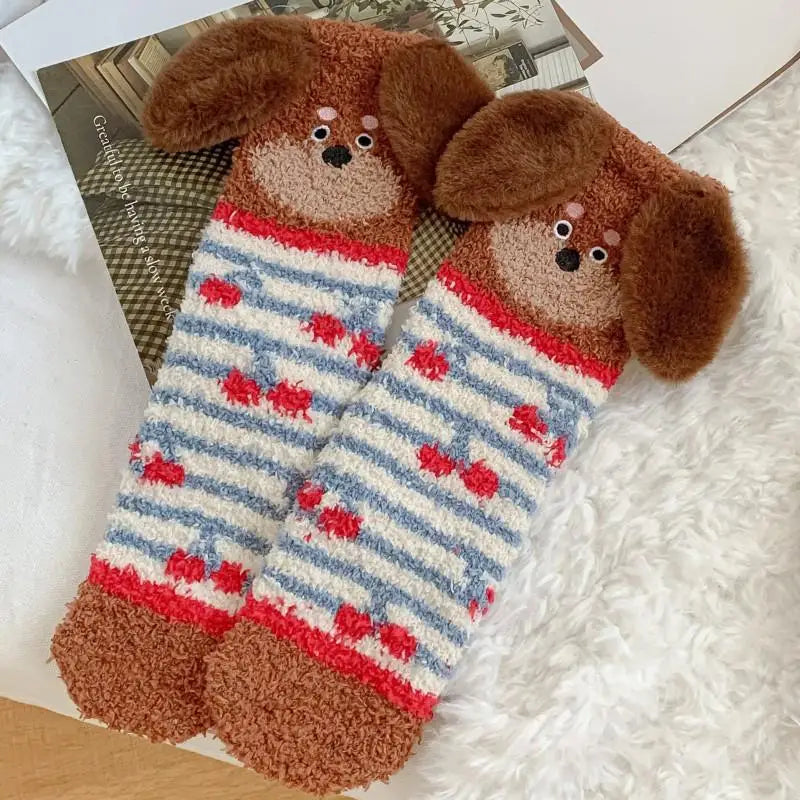 Women's Fluffy Coral Fleece Socks – 3D Dog Ear Cartoon Design Novelty Fluffy Socks Axl A6 One Size