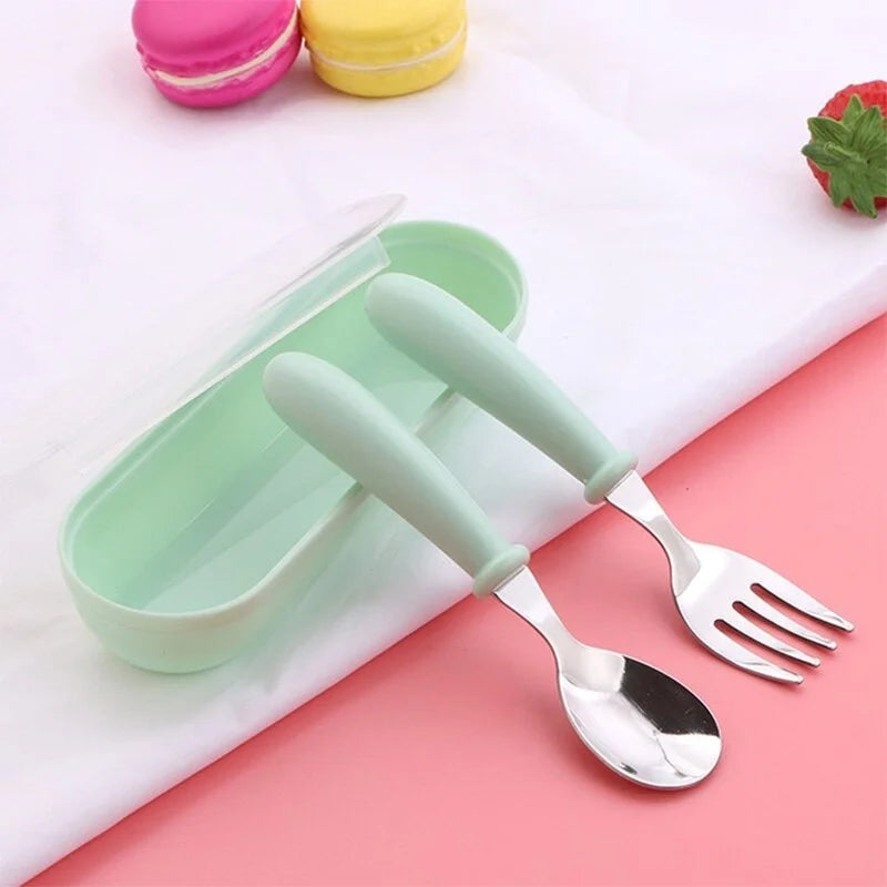 Kids Stainless Steel Cutlery Set – 3-Piece Baby Spoon & Fork Baby Cutlery Set Axl green