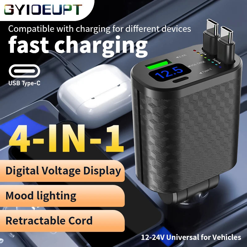 4-in-1 Retractable Car Charger – Digital Display & Fast Charging Car Phone Charger Axl