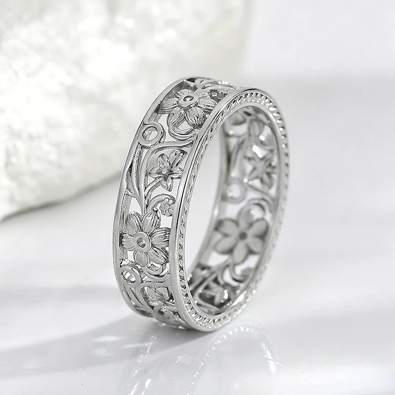 Huitan Silver Hollow Floral Ring – Women's Wedding Band Fashion Ring Axl