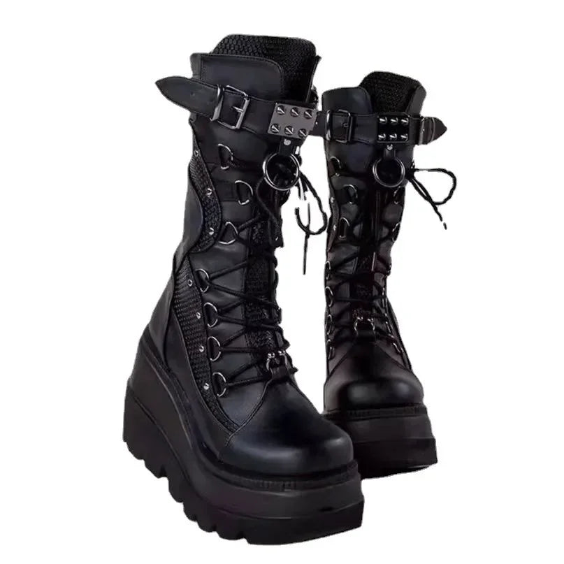 Women's Goth Punk Wedge Boots – Rivet Buckle Mid-Calf High Heels Wedge Mid-Calf Boots Axl