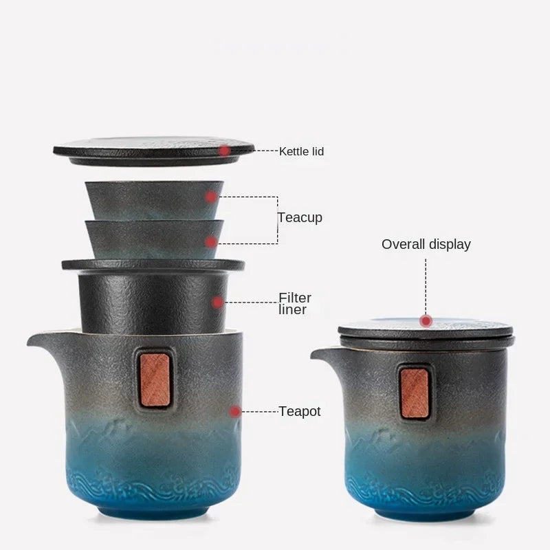 Ceramic Blue Kung Fu Travel Tea Set | Japanese Portable Teapot Kung Fu Tea Set Axl