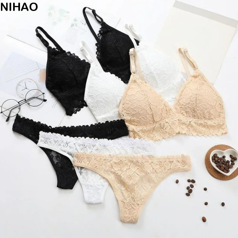V-Neck Lace Floral Bra & Thong Set | Wire-Free Push-Up Lingerie Bra Set Axl