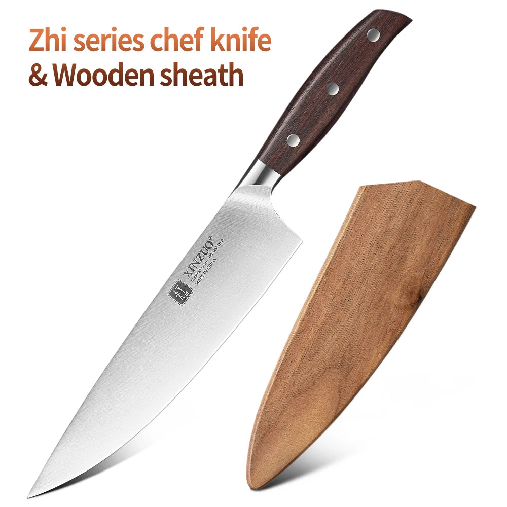 XINZUO 8" Chef Knife – German Steel & Red Sandalwood Handle Chef Knife Axl with Wooden sheath