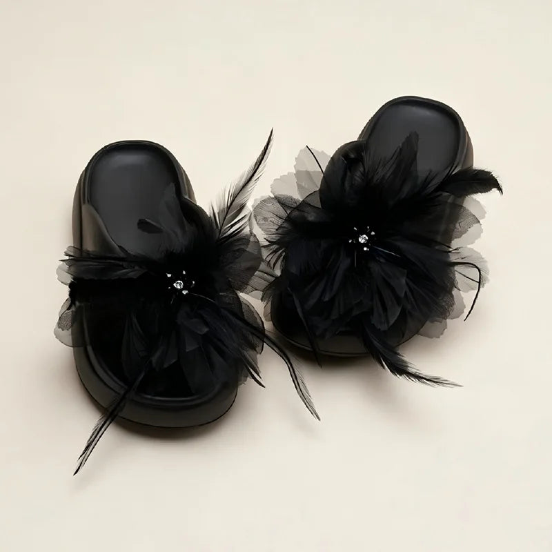 Women's Flower Beaded Slippers – Thick Sole Summer Flat Slides Women's Summer Slippers Axl black 35-36