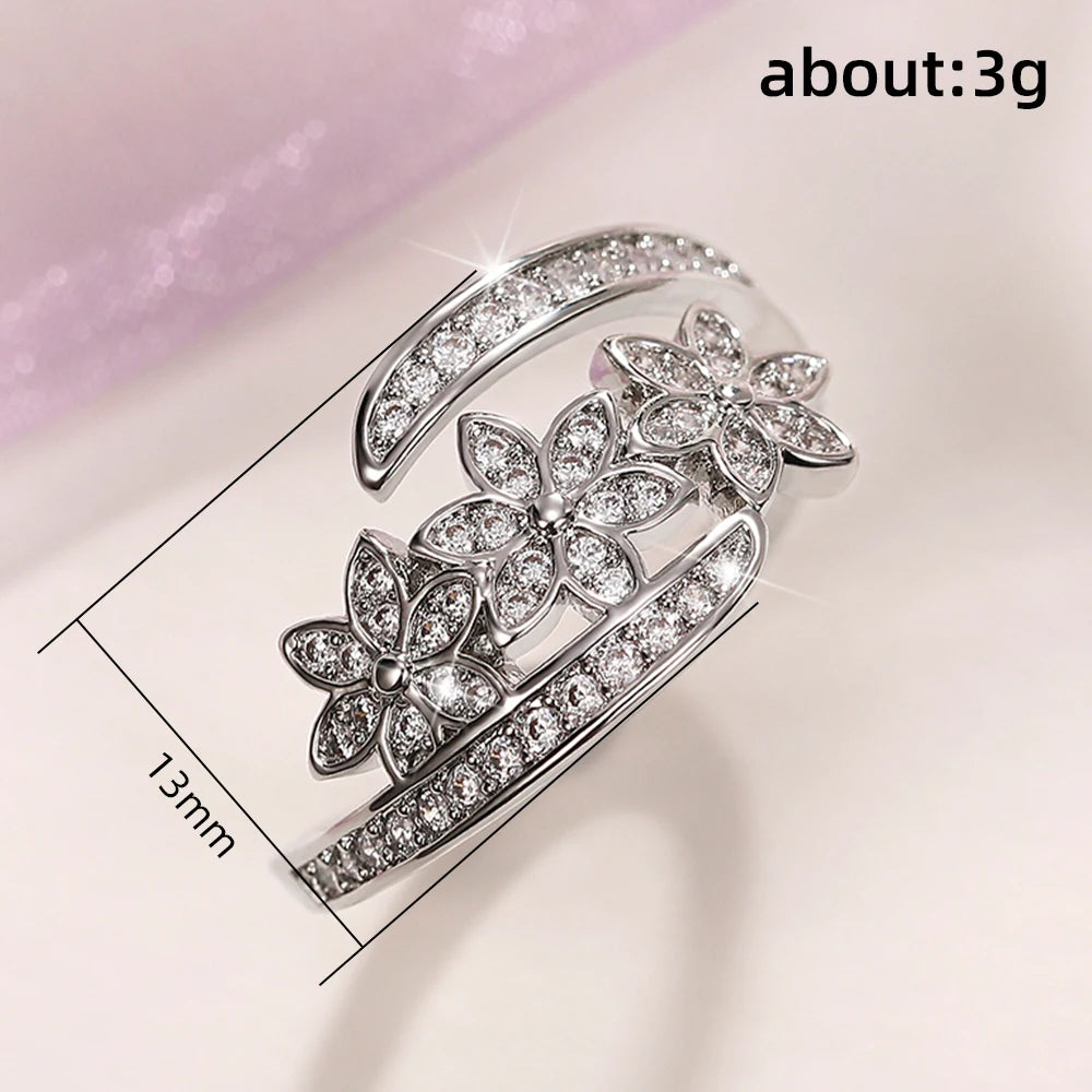 Huitan Silver Flower Adjustable Ring | Cubic Zirconia Bridal Fashion Ring Axl