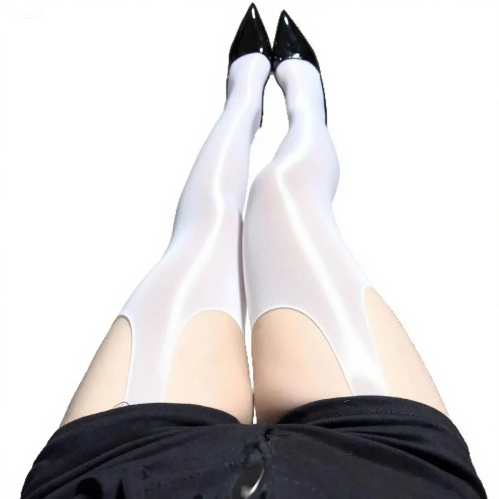Glossy Hollow-Out High Waist Tights – Shiny Oil Stockings 2pk Fashion Tights Axl White 175-195cm One Size