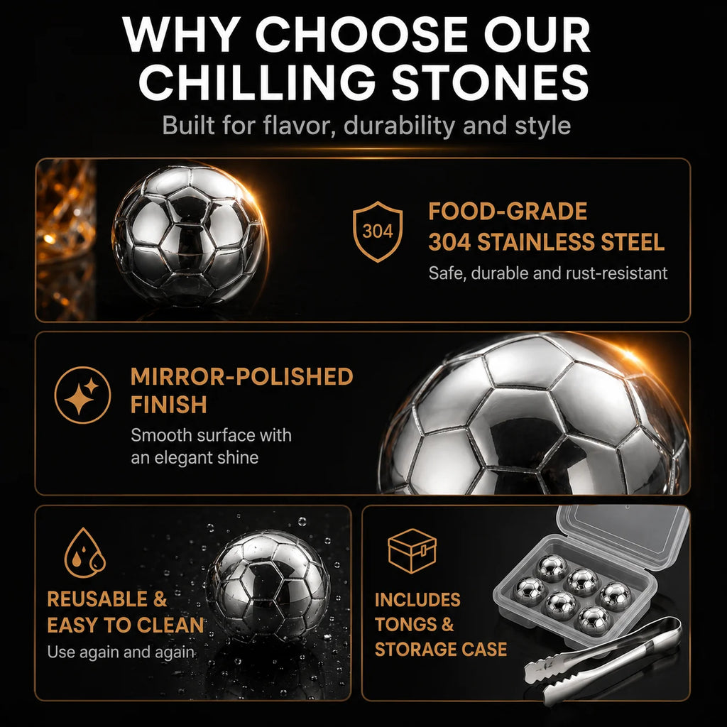 Soccer Ball Whiskey Stones – Steel Chilling Balls with Tongs Whiskey Chilling Stones Axl