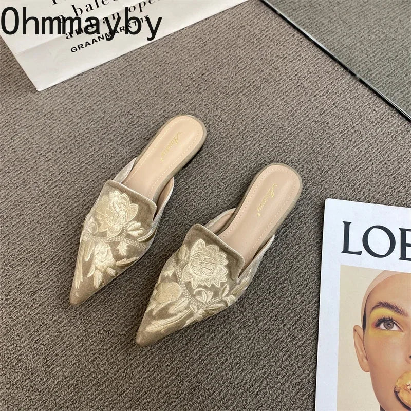 Women's Embroidery Pointed Toe Mule Slides – Elegant Flat Slippers Women's Mule Slides Axl