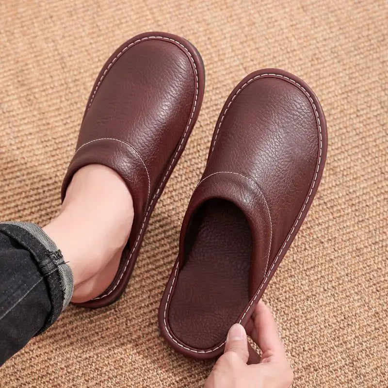 Lorilury Non-Slip Waterproof Indoor Leather Slippers Men Women Indoor Slippers Axl