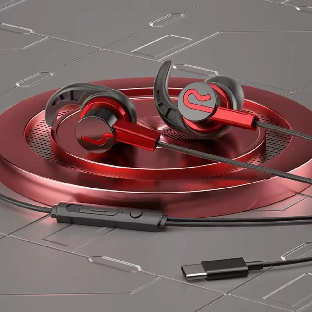 Sport Ear Hook Wired Earphones Type-C & 3.5mm Super Bass ANC Wired Sport Earphones Axl red-type-c