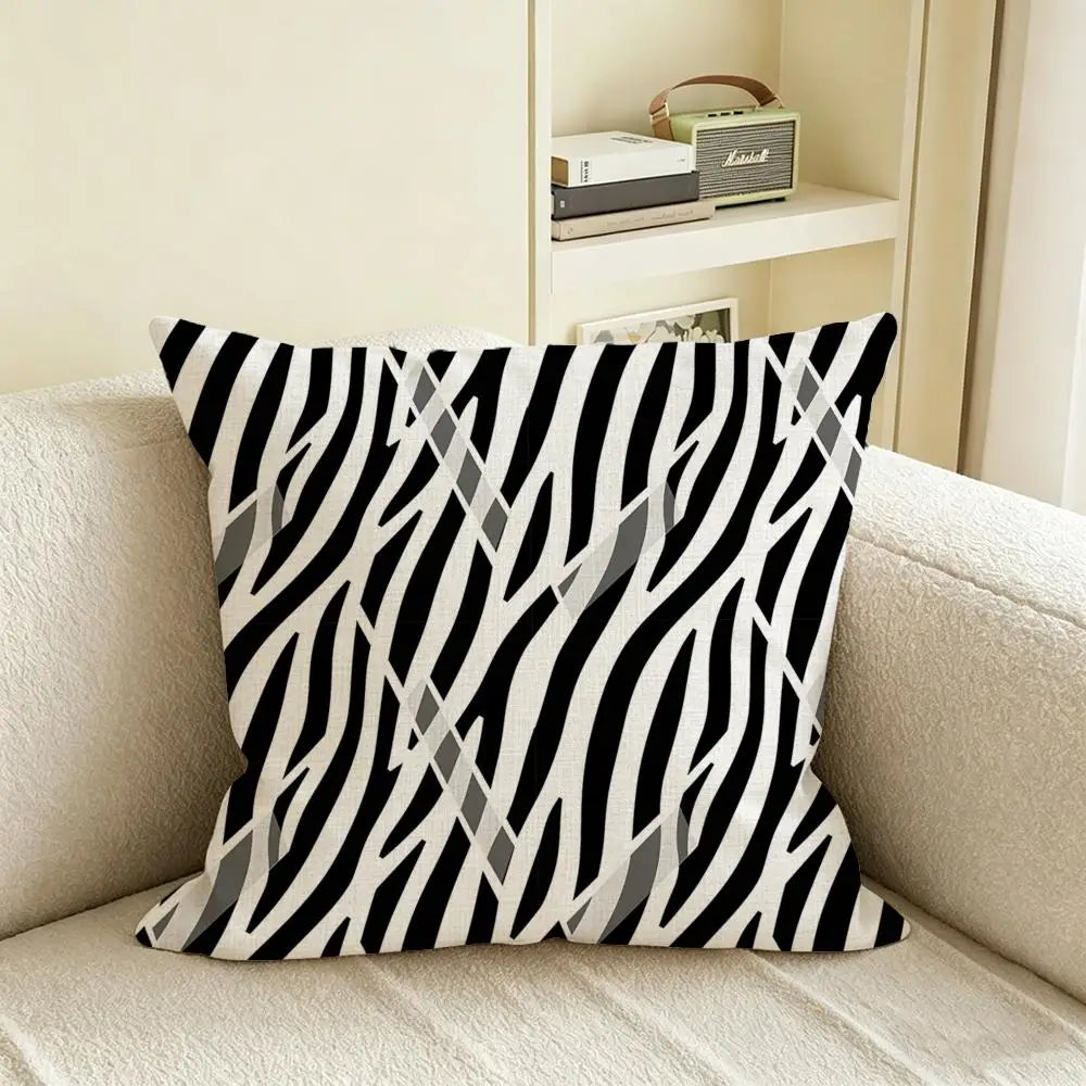 Zebra Print Linen Cushion Cover | Black & White Pillow Case Decorative Cushion Cover Axl White3 45X45cm