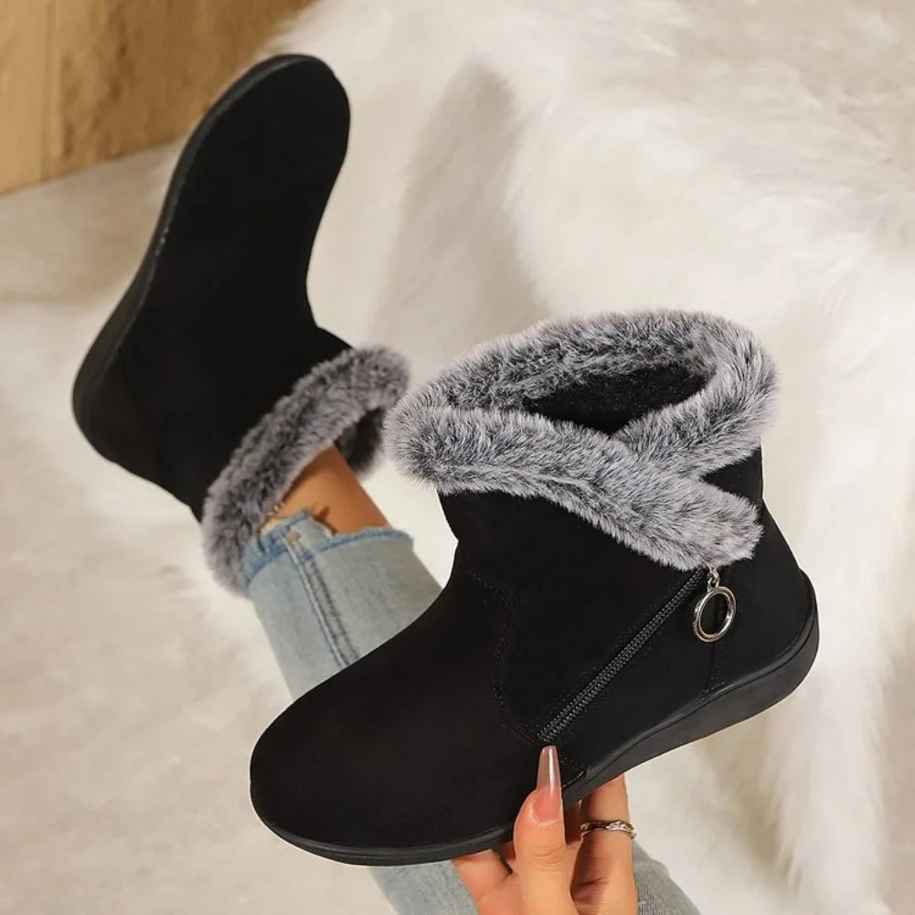 Women's Warm Plush Ankle Snow Boots – Zipper Flat Winter Shoes Women's Snow Boots Axl