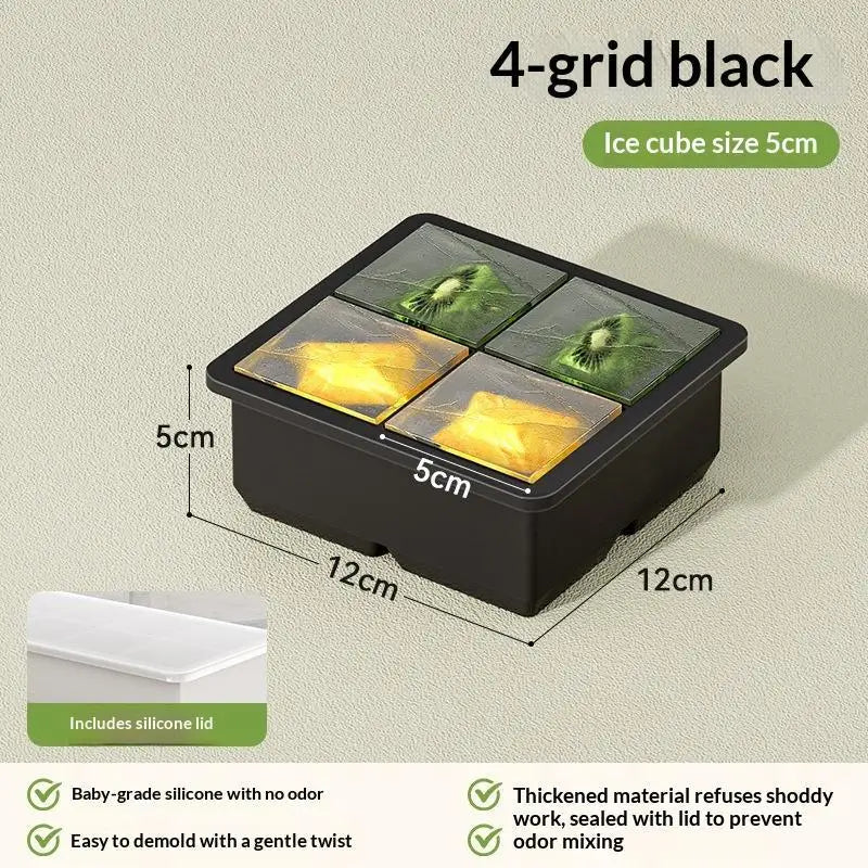 Large Silicone Ice Cube Tray with Leak-Proof Lid | Easy Release Silicone Ice Tray Axl 4 Grids Black