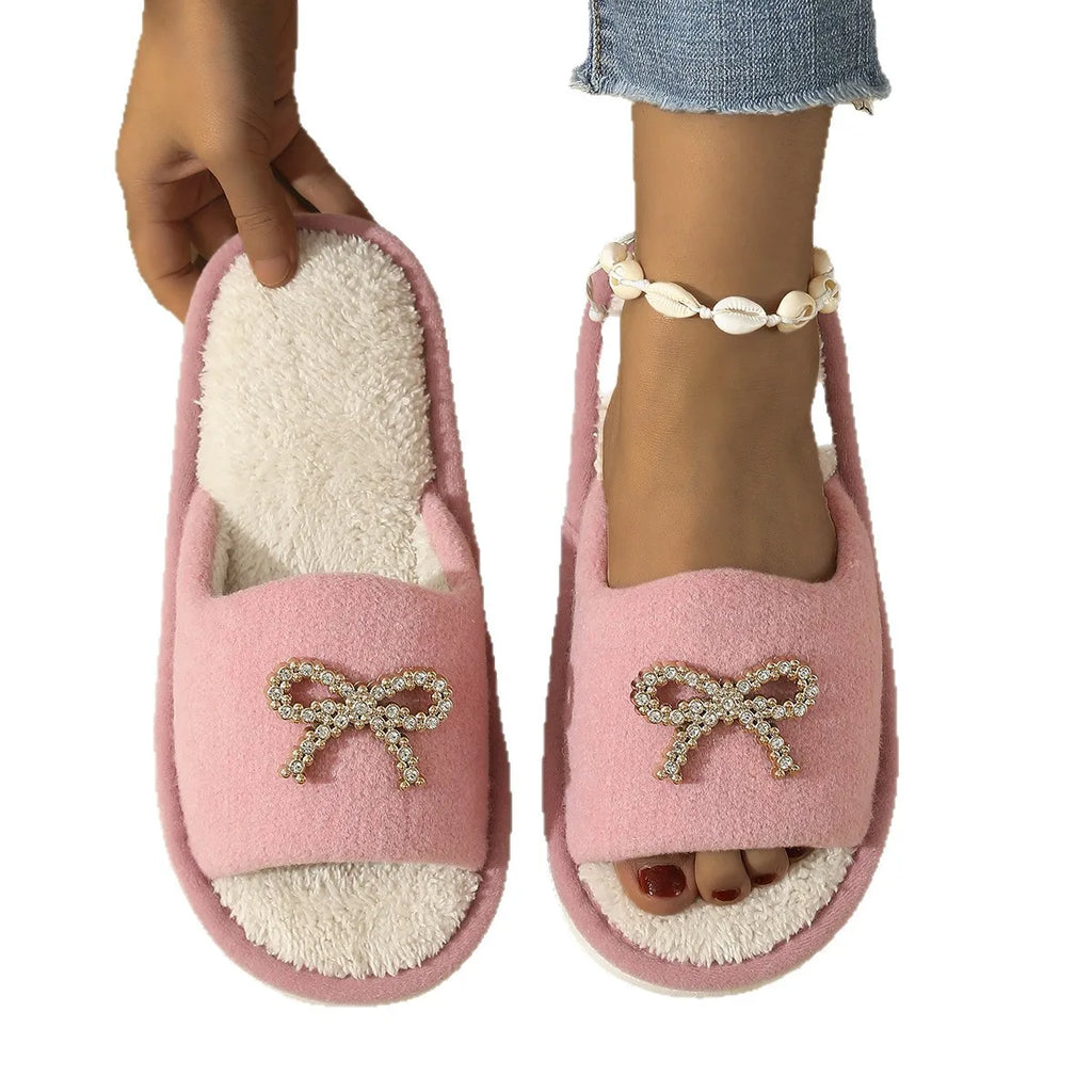 Women's Open Toe Plush Slippers – Butterfly-Knot Cork Sole Women's Slippers Axl