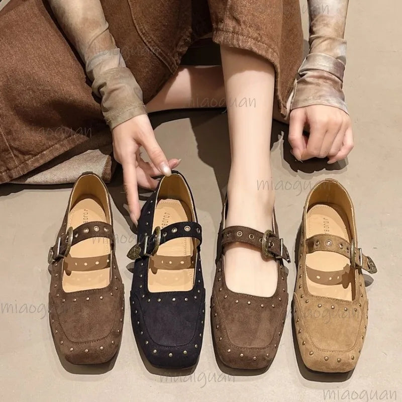 Retro Mary Jane Flats – Square Toe Buckle & Rivet Women's Shoes Women's Flat Shoes Axl