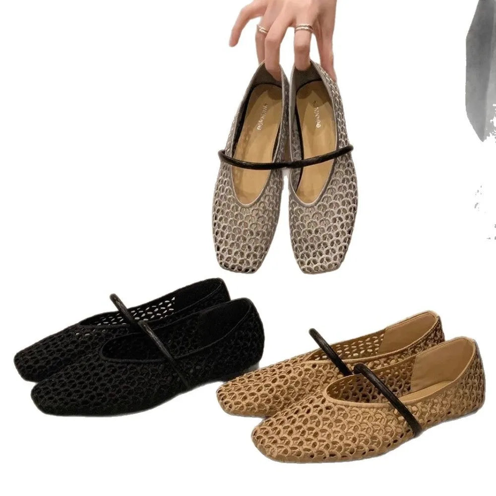 Women's Cut-Out Mary Jane Flats – Woven Fishnet Square Toe Mary Jane Flats Axl