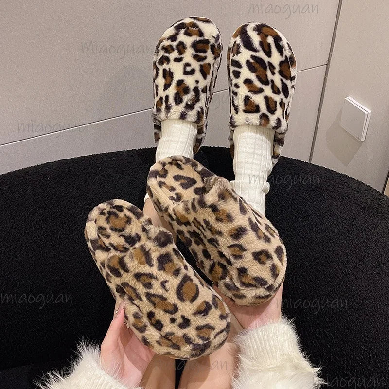 Women's Leopard Furry Slippers – Plush Warm Winter Slides Women's Slippers Axl