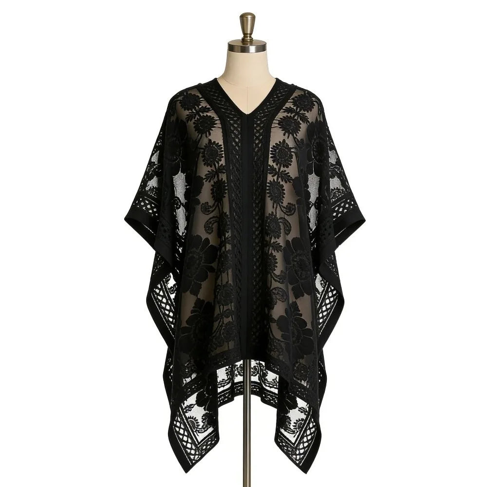 Lace Mesh Beach Cover Up – Bohemian Shawl Plus Size Women Swimsuit Cover Up Axl Black One Size